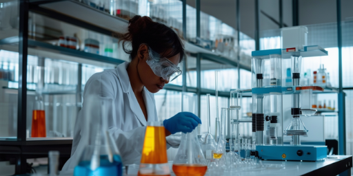 A scientist in the white coat working in the lab