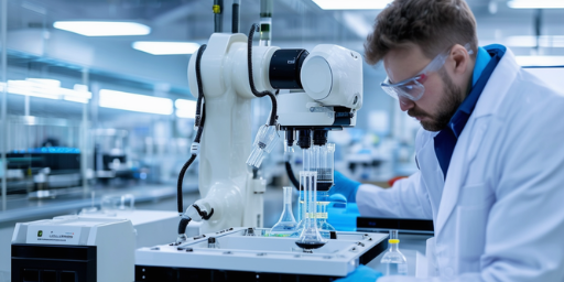 a lab worker working with a robotic system